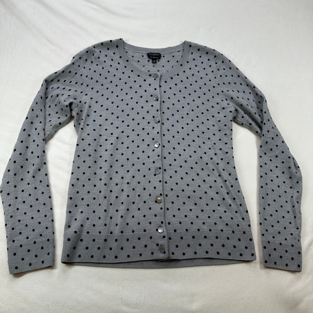 Talbots Women's‎ Gray Black Polka Dot Cardigan Sweater Pure Merino Wool Size S